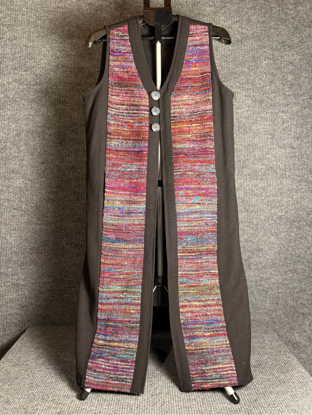 VTG Venus Imports Long Open Front Duster Vest Rainbow Woven Silk Blend Size S